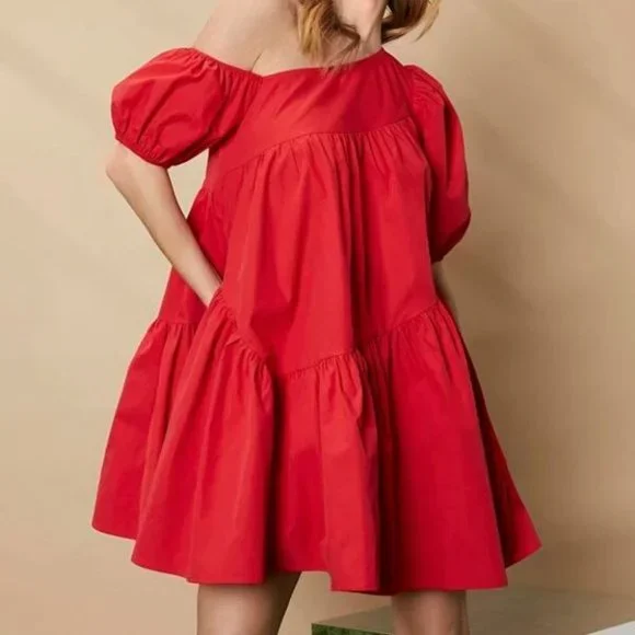 Puff Sleeve Ruffle Hem Asymmetrical Neck Smock Dress Red - Picture 3 of 8